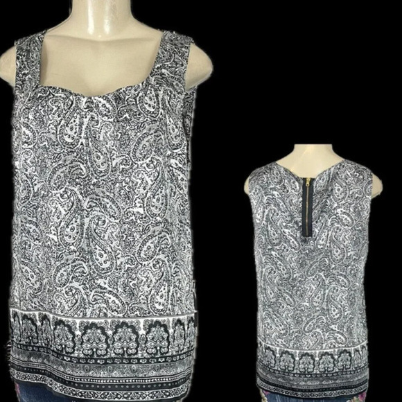 Dana Buchman L Black Paisley Print Scoop Neck Zip Back Detail Sleeveless Blouse - Picture 1 of 6